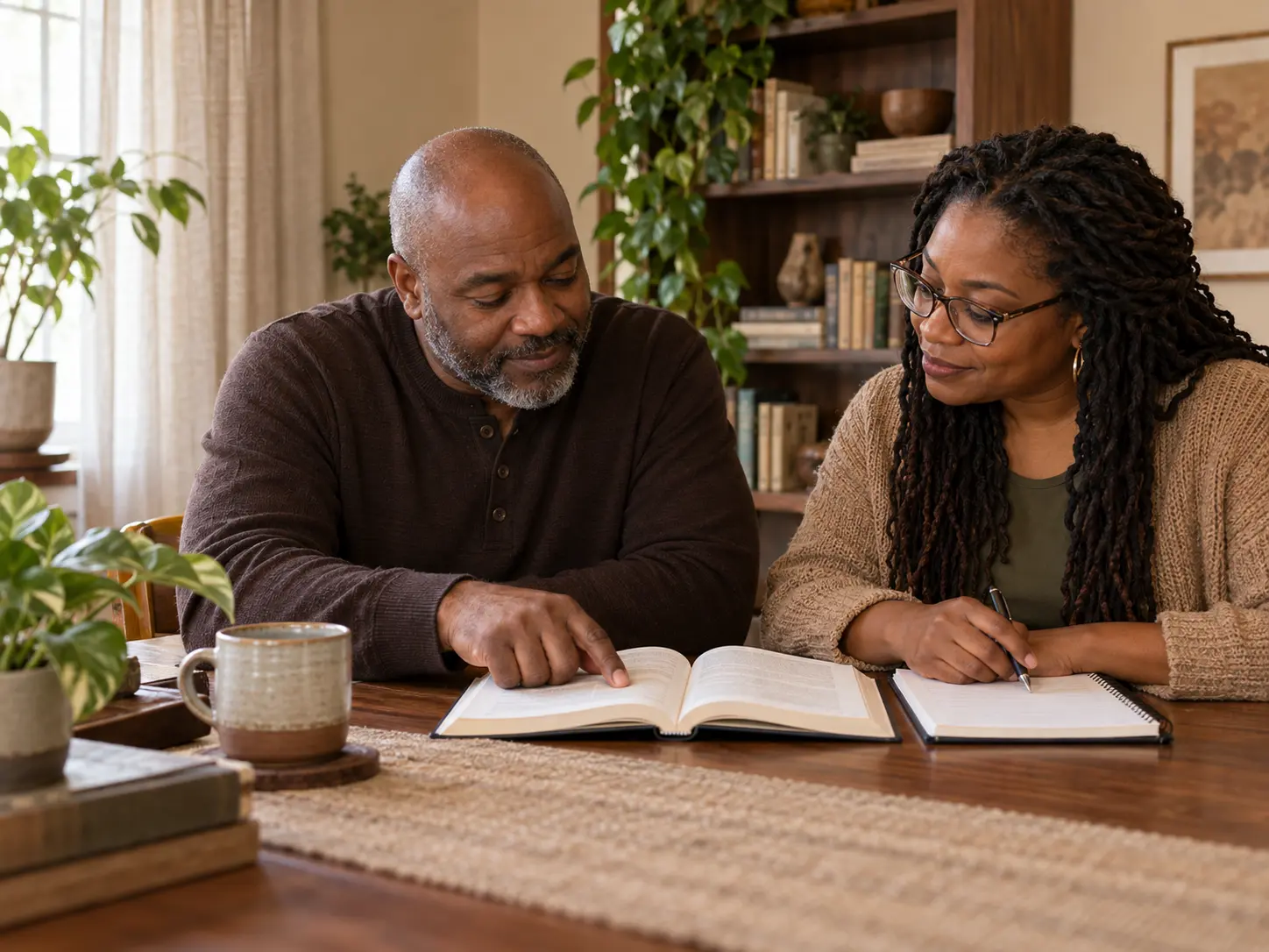 An adult learner and literacy tutor working together with a book and notebook