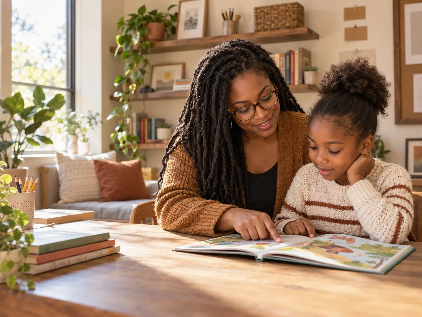 A literacy tutor and child reading a book together at a warm wooden table